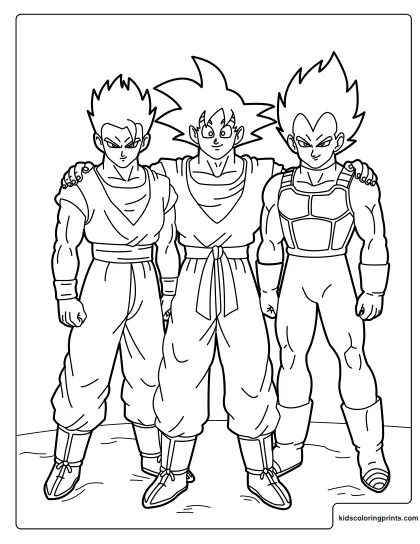 Goku Vegeta And Gohan Coloring Page Standing In One Row