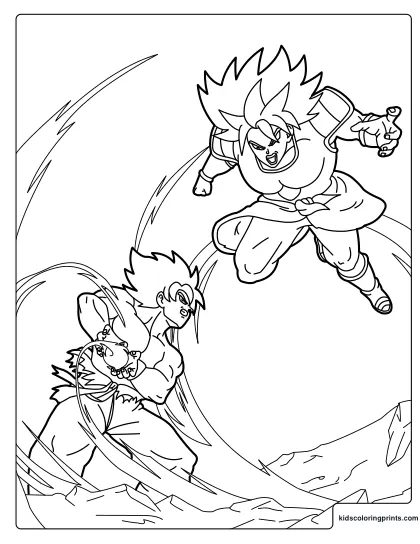 Goku Versus Broly Coloring Page With Both Characters Fighting Above Rocks