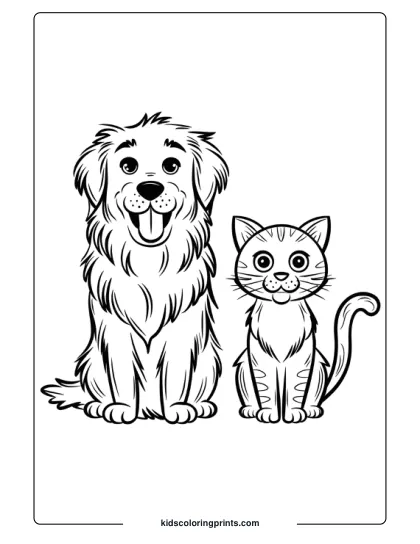 Golden Retriever And Cat Sitting Side By Side With Relaxed Expressions In A Dog Coloring Page.