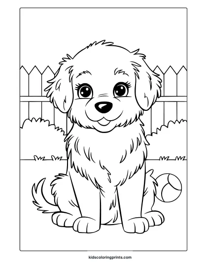 A Fluffy Golden Retriever Puppy Outdoors With A Ball. A Delightful Golden Retriever Puppy Coloring Page For Dog Lovers.