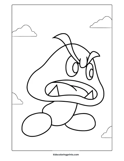 Coloring Page Featuring An Angry Goomba With Clouds In The Background.
