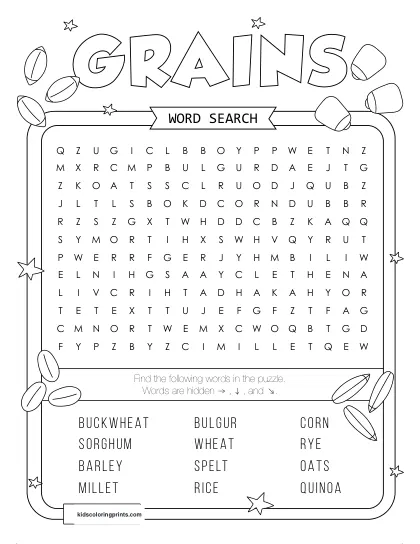 Free Printable Grains Word Search Puzzle With 12 Words From Rice To Corn.