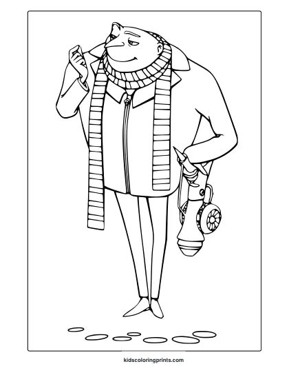 Coloring Page With Gru Wearing A Scarf And Striking A Confident Pose, Ideal For A Stylish Coloring Page.