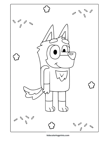 Gruber From Bluey Coloring Page With Wolf Character And Decorative Cloud Details.