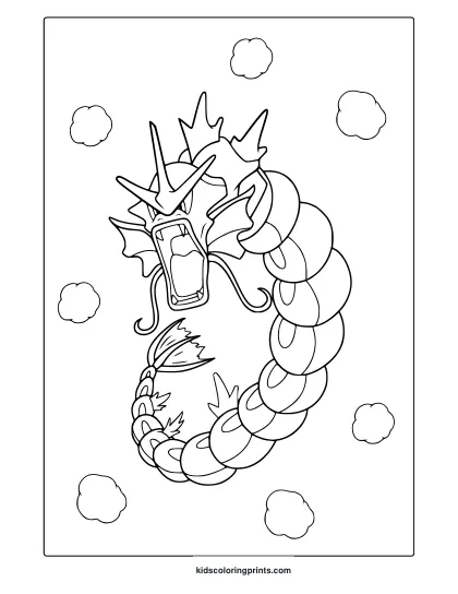 Gyarados With A Tech Head And Clouds In A Creative Pokémon Coloring Page.
