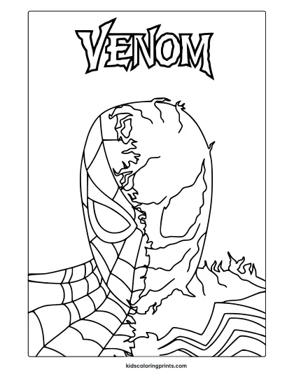 Half Venom, Half Spider-Man Coloring Page With Web Patterns And Split-Face Mask In Bold Comic Art Style.