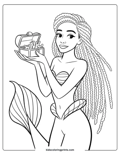 Halle Bailey Mermaid Holding A Treasure Chest Underwater With Shimmering Jewels In This Enchanting Coloring Page.