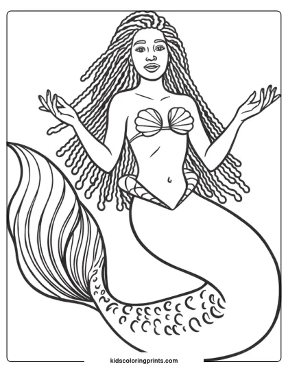 Halle Bailey Mermaid Swimming Gracefully With A Curled Tail And Braided Hair In This Detailed Coloring Page.