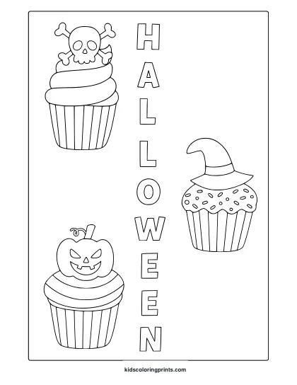 Halloween Cupcakes Coloring Page With Skull Cupcake, Jack O Lantern Cupcake And Witch Hat Cupcake Design.