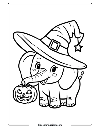 Coloring Page Of An Elephant In A Witch Hat Holding A Carved Pumpkin.