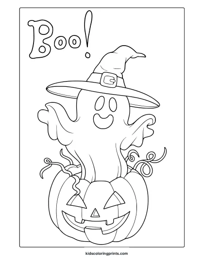Halloween Ghost Coloring Page With Smiling Ghost In Witch Hat Emerging From Pumpkin And “Boo!” Text.