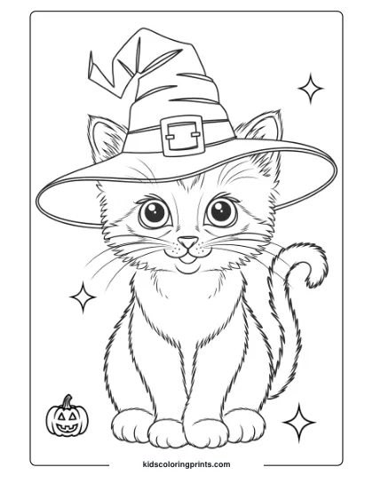A Halloween Kitten Wearing A Witch Hat With Stars And A Pumpkin, Perfect For A Festive Coloring Page.