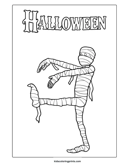 Halloween Mummy Coloring Page With A Wrapped Mummy Walking In Bandages With Gothic “Halloween” Text Above.