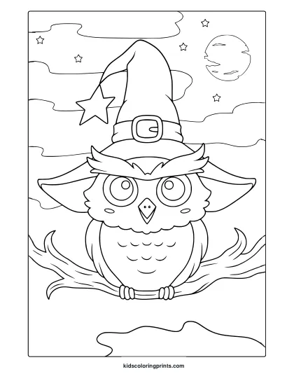 Halloween Owl Coloring Page With Cute Wizard Owl On A Branch, Star Hat, Full Moon And Night Sky.
