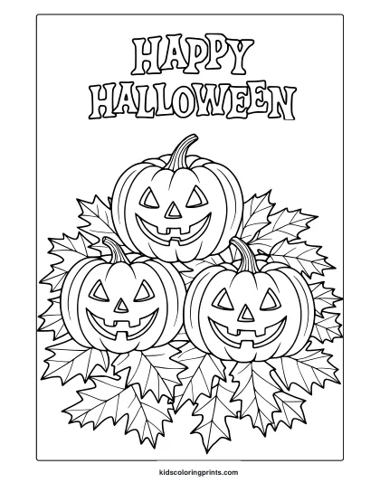 Halloween Pumpkins Coloring Page With Three Carved Pumpkins And Maple Leaves Forming A Festive Wreath.