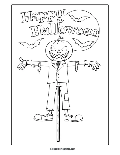 Halloween Scarecrow Coloring Page With Pumpkin Head Scarecrow, Bats, Banner And Festive Spooky Details.