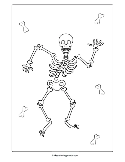 Halloween Skeleton Coloring Page With Playful Skeleton Dancing In A Fun Cartoon Pose.