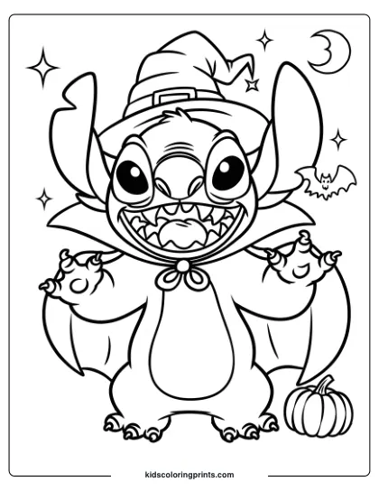 Stitch Is Wearing A Witch's Hat And Cape In This Halloween-Themed Coloring Page.