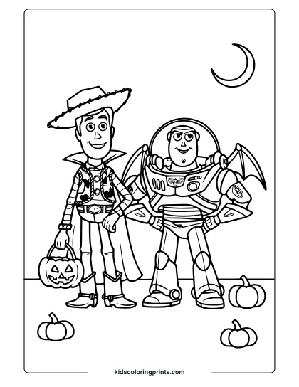 A Halloween Toy Story Coloring Page With Buzz And Woody In Costumes, Standing Outdoors With Pumpkins And A Crescent Moon.