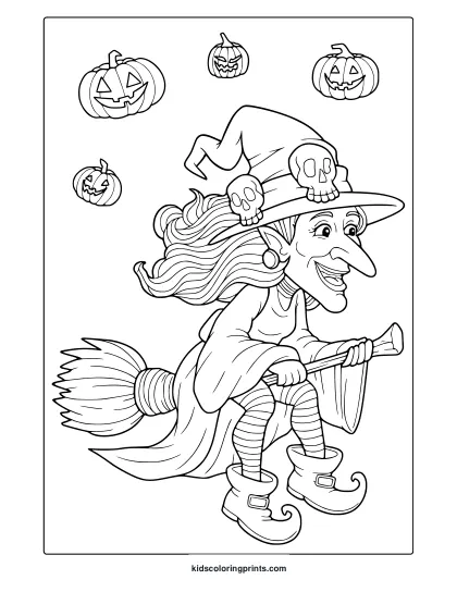 Halloween Witch Coloring Page With Smiling Witch, Broomstick, Striped Stockings And Floating Jack O Lanterns.