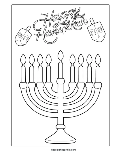 Hanukkah Menorah Coloring Page With Traditional Menorah And Dreidels.