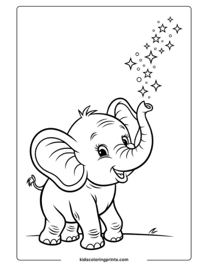 Coloring Page Of A Baby Elephant Blowing Stars.