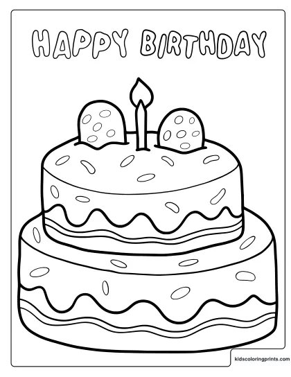 Happy Birthday Cake Coloring Page With Two Layers And One Candle