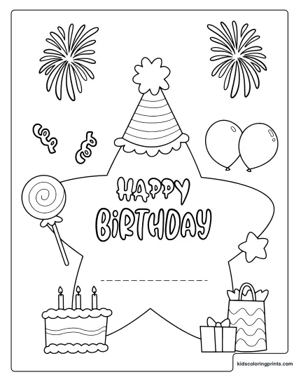 Happy Birthday Card Coloring Page With Balloons Cake Gifts And A Blank Space