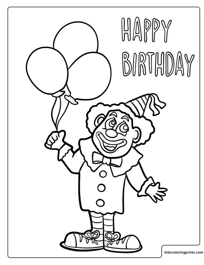 Happy Birthday Clown Coloring Page With Balloons And A Party Hat