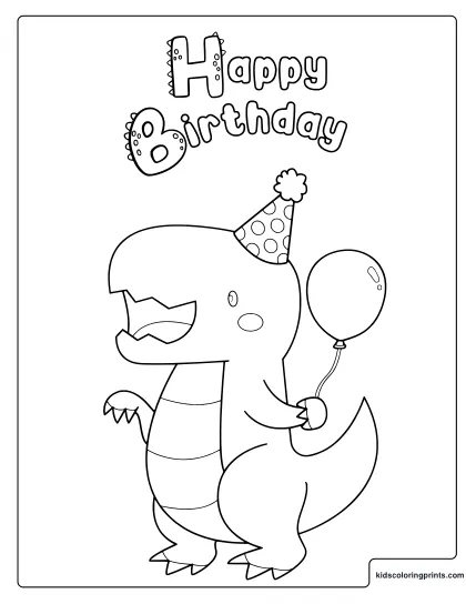 Happy Birthday Dinosaur Coloring Page With A Party Hat And Balloon