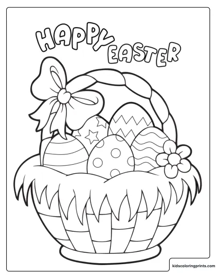 Easter Basket With Grass And Decorated Eggs Coloring Page