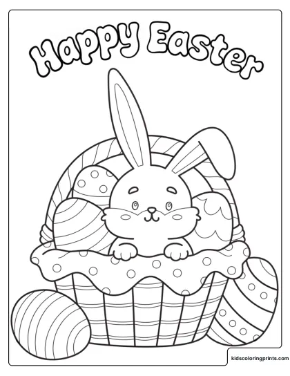 Easter Bunny In A Basket With Decorated Eggs Coloring Page