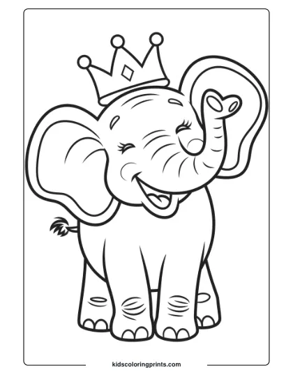 Coloring Page Of A Happy Elephant With A Crown.
