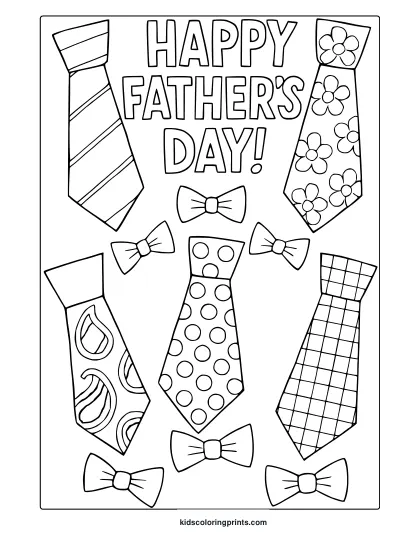 Father’s Day Coloring Page With Bold Text And Various Necktie And Bow Tie Illustrations.