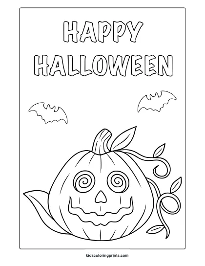 Happy Halloween Coloring Page With Mischievous Pumpkin, Spiral Eyes, Bold Text And Flying Bats.
