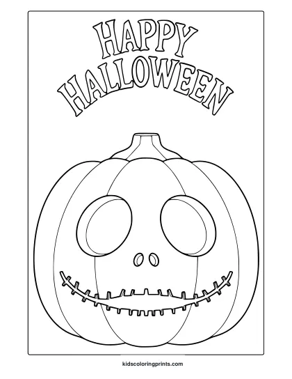 Happy Halloween Pumpkin Coloring Page With Skull-Inspired Jack O Lantern Design And Bold Festive Text.