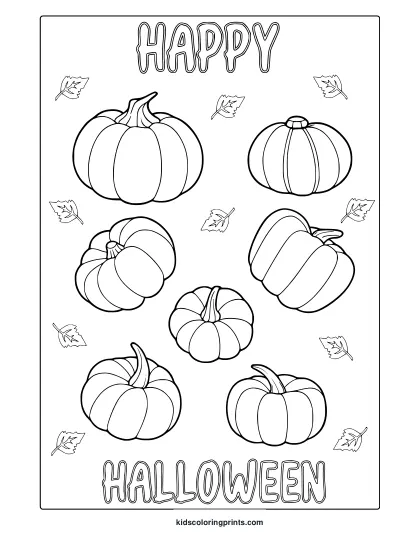 Happy Halloween Pumpkins Coloring Page With Seven Decorative Pumpkins And Autumn Leaves Scattered Around.