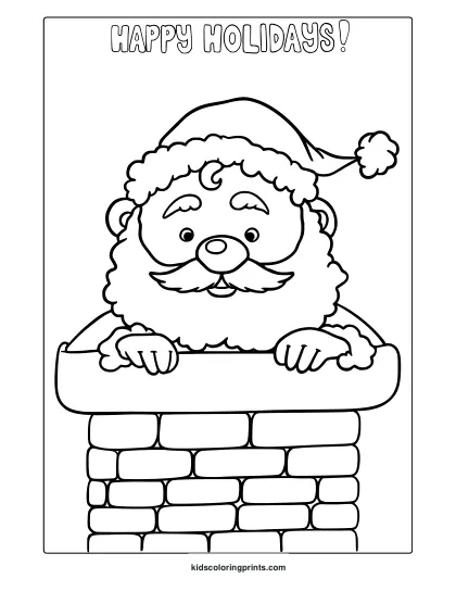 Happy Holidays Coloring Page With Santa In Chimney And Festive Holiday Text.