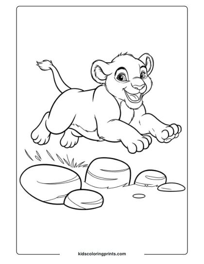 A Happy Lion Cub Jumping Over Rocks, Perfect For An Energetic And Playful Lion Coloring Page For Kids.