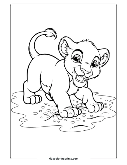 A Happy Lion Cub Playing In The Sand, Offering A Fun And Energetic Lion Coloring Page For Children.