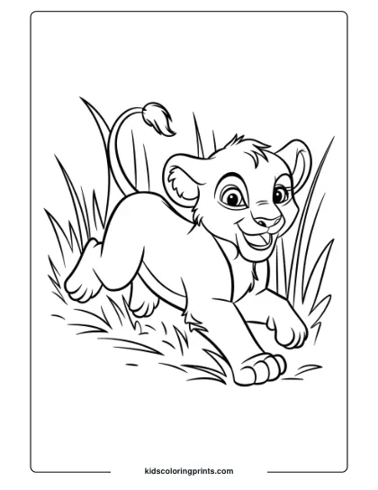 A Happy Lion Cub Playing In Tall Grass, Providing A Lively And Fun Lion Coloring Page For Children.