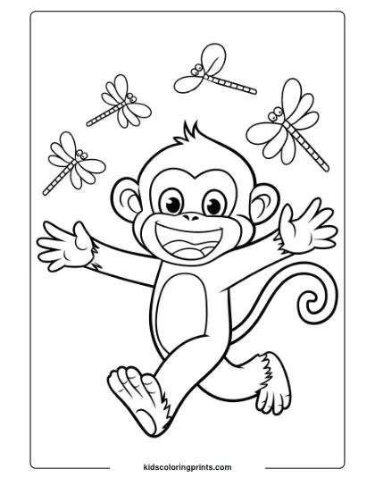 This Coloring Page Shows A Monkey Happily Chasing Dragonflies, Creating A Fun And Lively Jungle Scene.