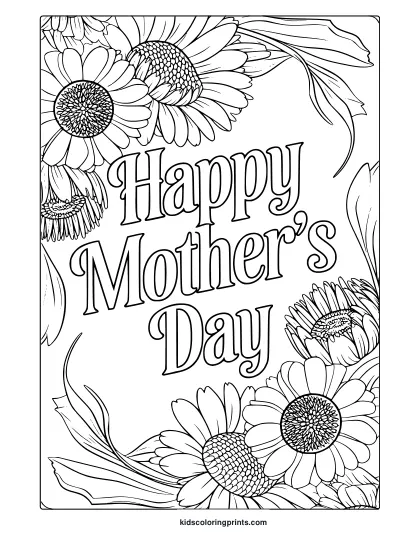 A Happy Mother’s Day Coloring Page With Intricate Flowers, Mainly Daisies, Surrounding The Central Text In A Delicate Design.