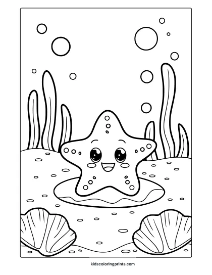 A Cute Starfish With A Smile Lies On Sandy Seabed With Seashells In This Underwater Summer Coloring Page.