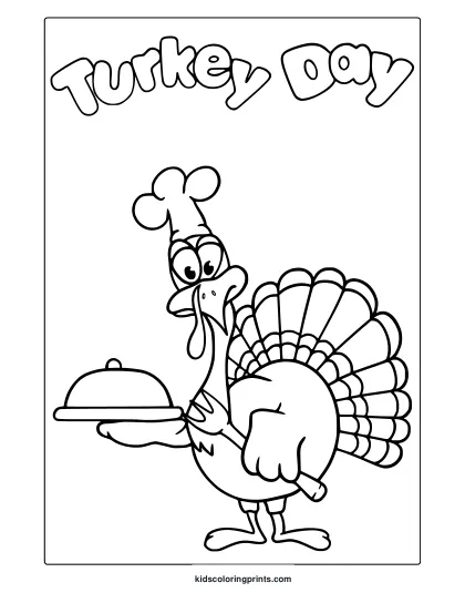 Happy Turkey Day Coloring Page With Cartoon Turkey In Chef Hat Holding Dish And Detailed Feathers.