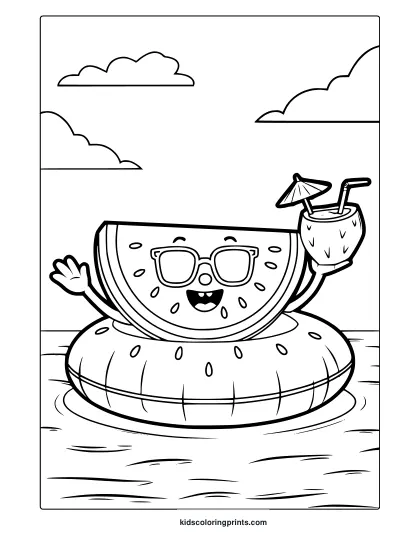 A Watermelon With Sunglasses Relaxes In A Float Ring In This Fun And Happy Summer Watermelon Coloring Page.