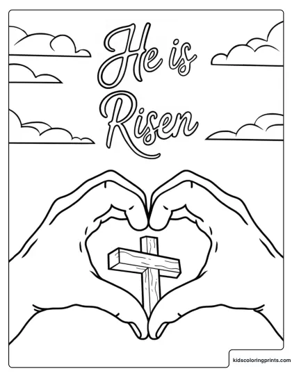 Hands Forming A Heart Around A Cross Coloring Page