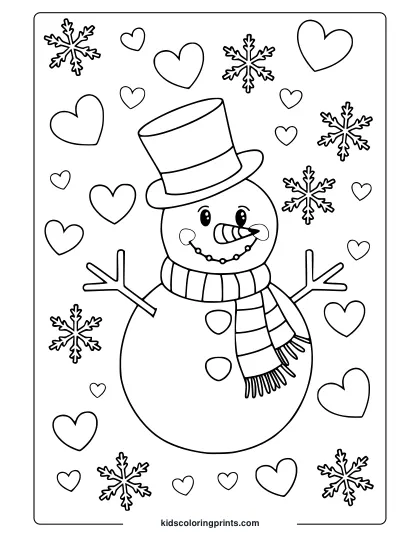 A Joyful Snowman Surrounded By Hearts And Snowflakes, Perfect For A February Coloring Page.