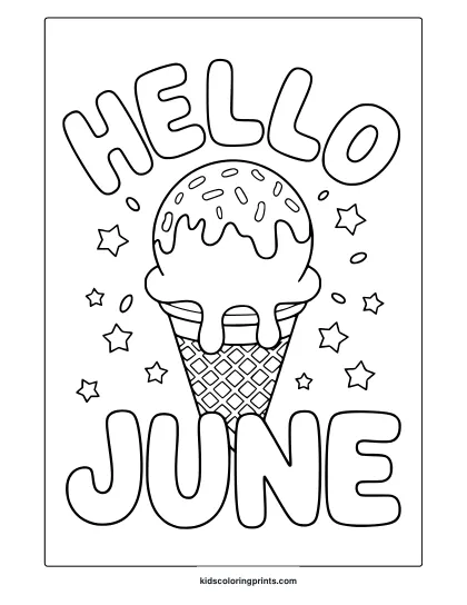 Ice Cream Cone Coloring Page With Sprinkles And &Quot;Hello June&Quot; Text In A Playful Layout.