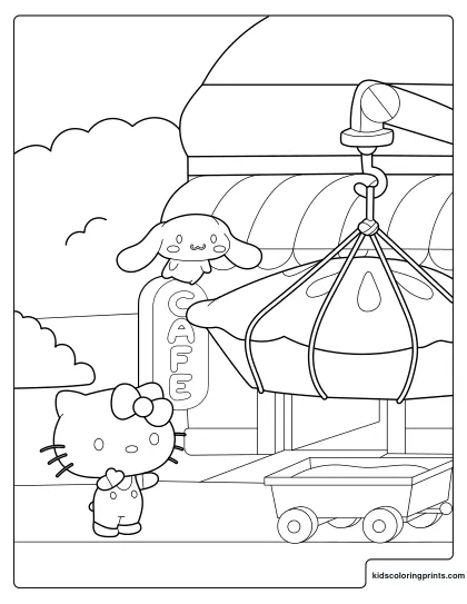 Hello Kitty And Cinnamoroll Coloring Page In Front Of A Cafe